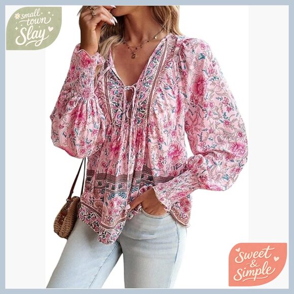 Tops - Floral Bishop Sleeve Tie Front Blouse, Viscose Material, Regular Fit